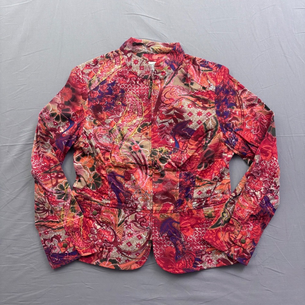 Coldwater Creek Peacock Garden Jacket Red Floral Paisley Zip Up Petite Small NWT